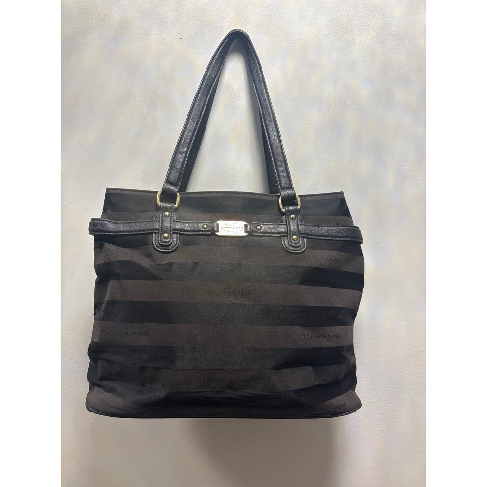 Tommy Hilfiger Tote Bag Women Large Black Striped Nylon Shoulder Bag